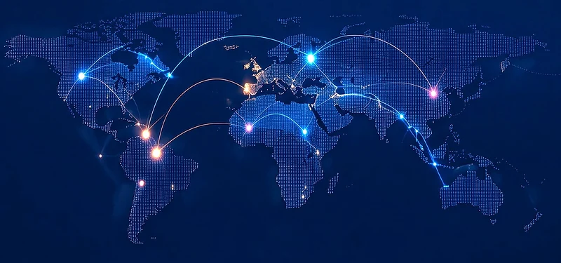 خريطة شبكة عالمية بمسارات مضيئة عبر الأسواق
