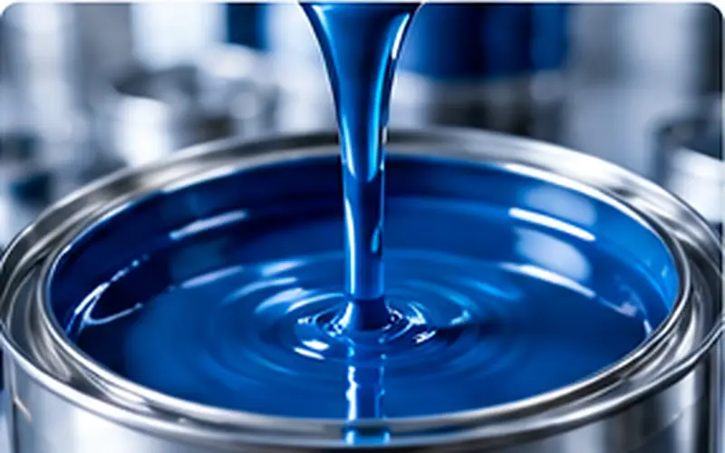 Blue coating liquid pouring into a metal container
