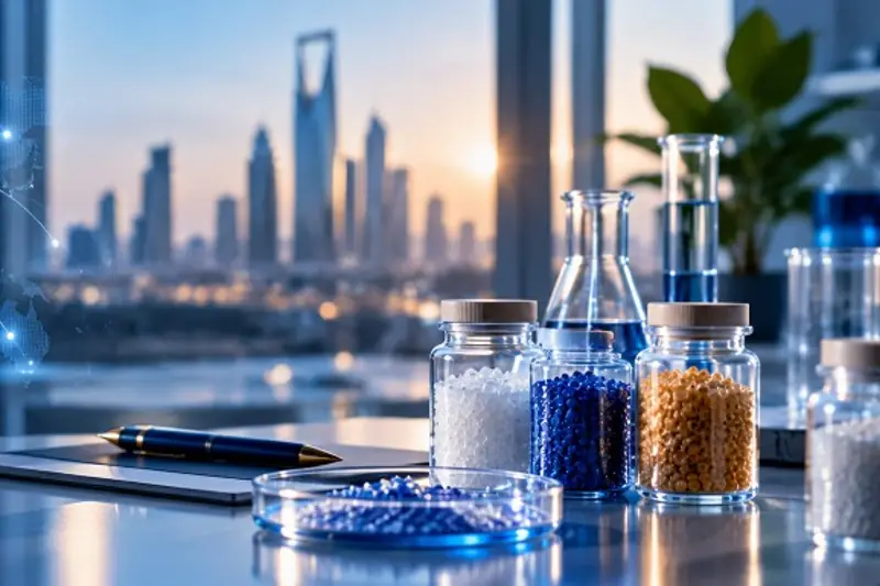 مواد متخصصة على مكتب يطل على الرياض، مع خريطة مضيئة لروابط عالمية من المملكة العربية السعودية