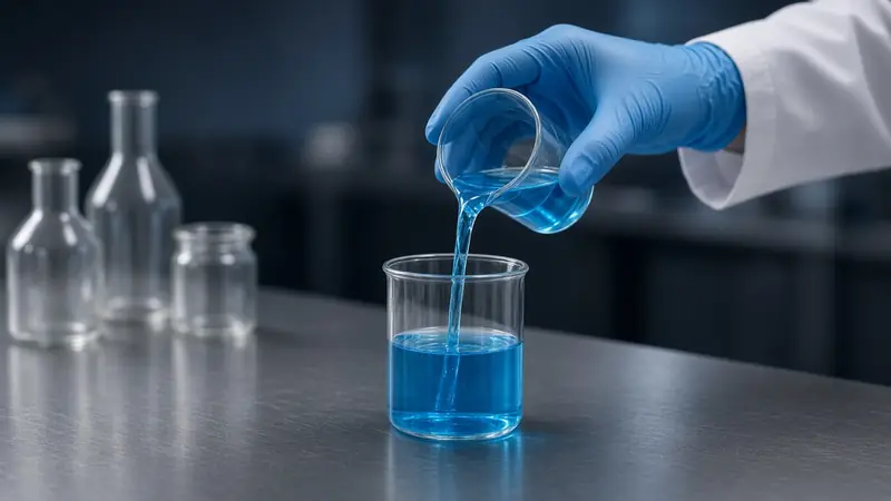 A gloved hand pouring blue liquid into a beaker