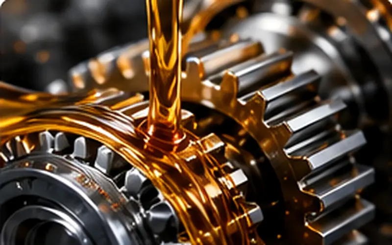Amber lubricant flowing over industrial gears