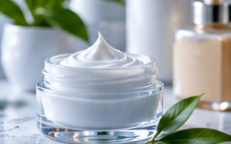 White cream formulation in a cosmetic jar