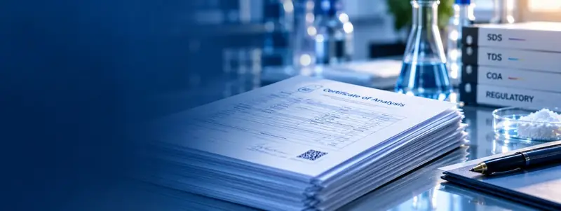 شهادة تحليل مع وثائق SDS وTDS وCOA على طاولة مختبر