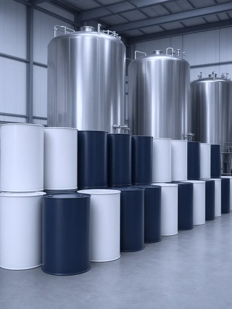 Orderly unlabelled drums beside stainless storage tanks