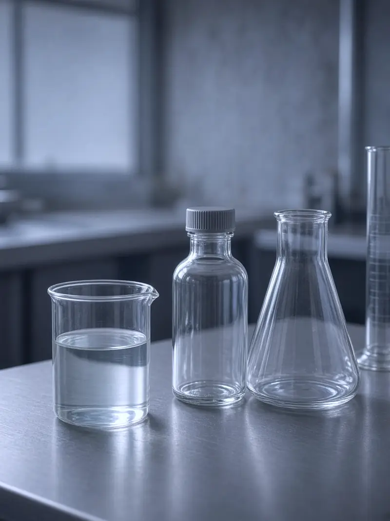 Laboratory glassware with a clear sample and no people